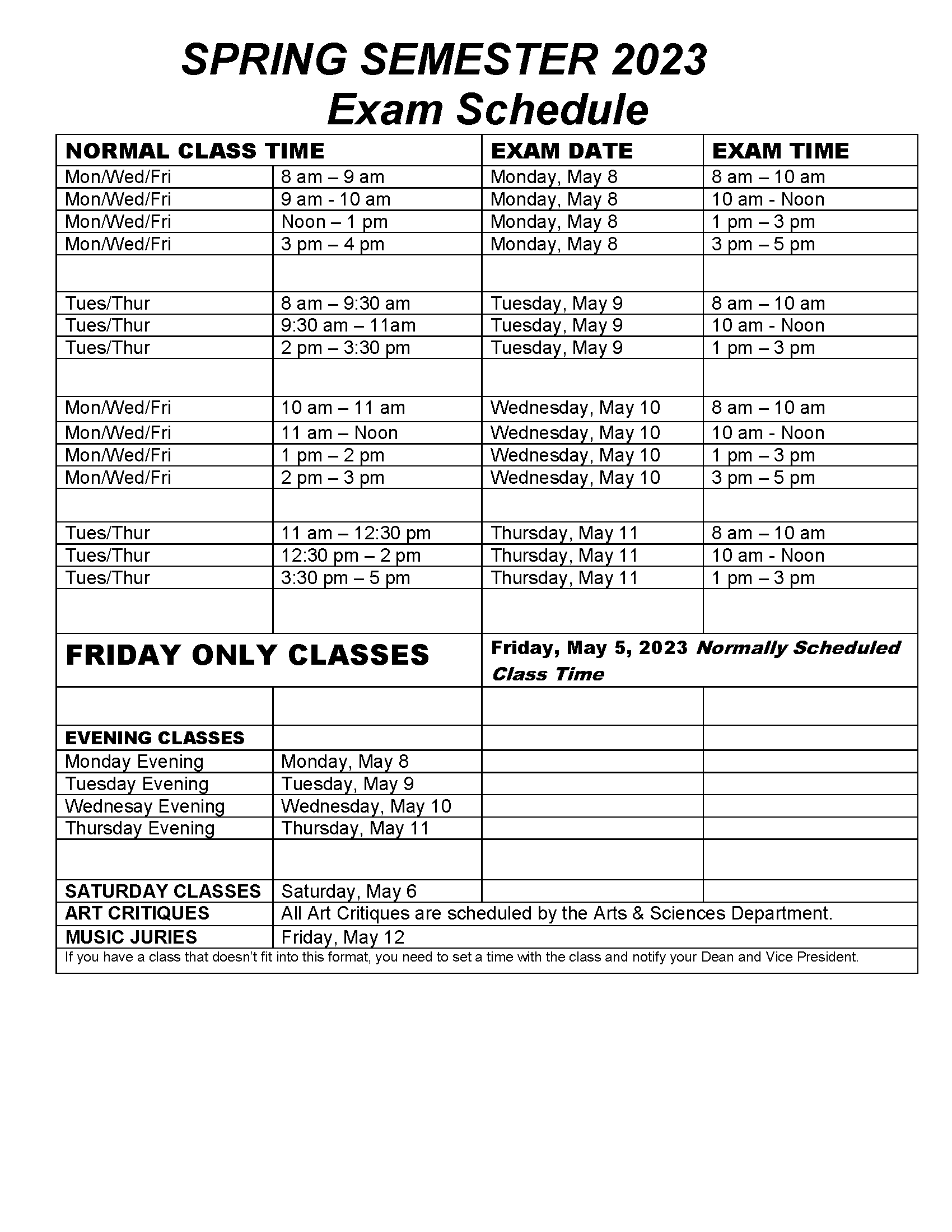 Final Exam Schedule Final Exam Schedules Rend Lake College
